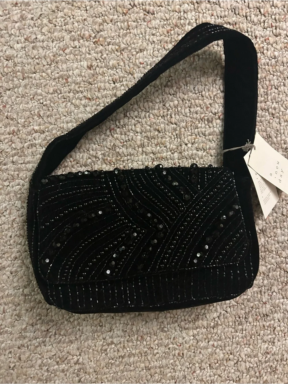 a new day Black Velvet Beaded Shoulder Bag